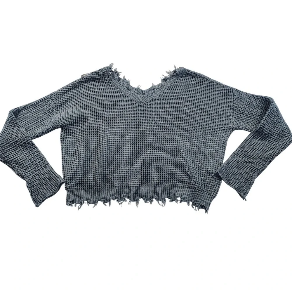 Moon & Madison Kids Small Blue Distressed Waffle Knit V-Neck Sweater SA611
